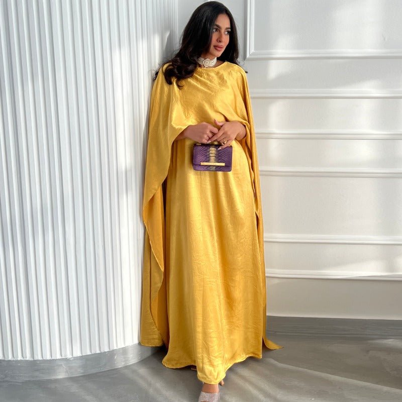 Elegant Royal Satin Abaya Dress | Modest Cape Sleeve Maxi Robe with Luxurious Draping(MA289) - Mariam's Collection