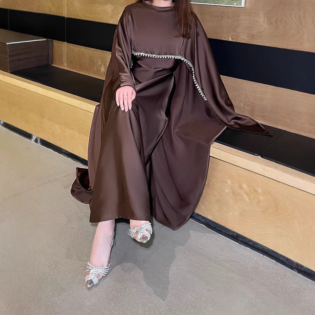 Elegant Satin Abaya with Rhinestone Cape | Luxurious Modest Evening Dress (MA327) - Mariam's Collection