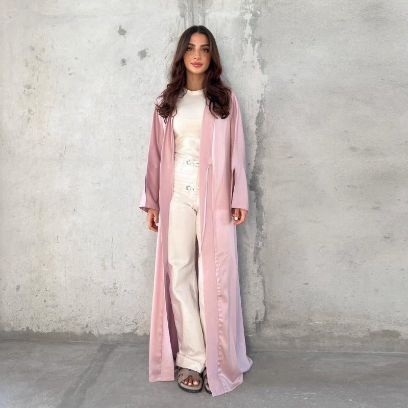 Elegant Satin Open - Front Abaya Robe | Solid Color Modest Dress with Flowy Bell Sleeves(MOA219) - Mariam's Collection
