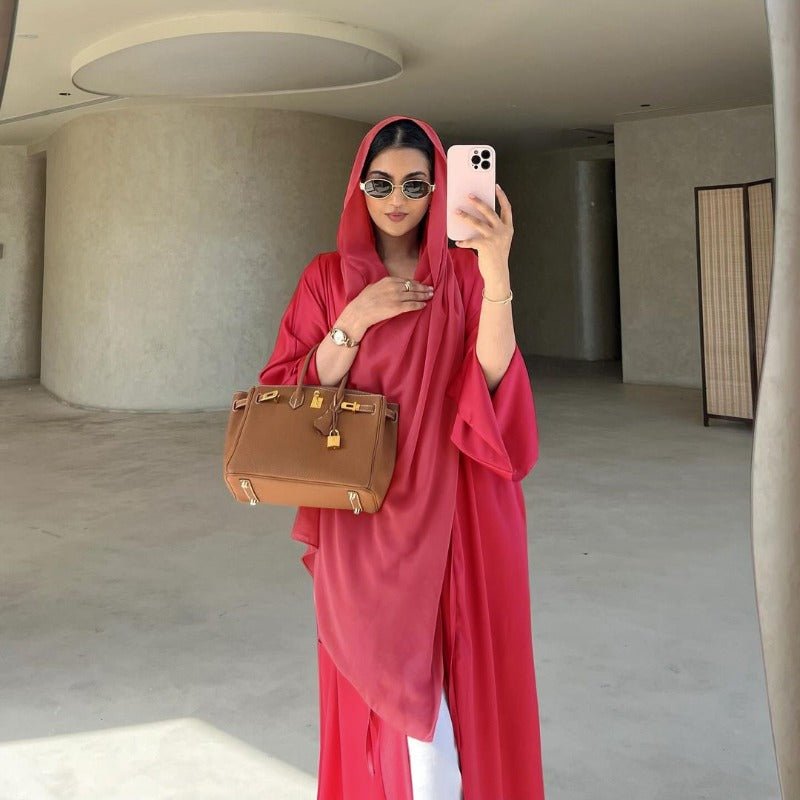 Elegant Satin Open - Front Abaya Robe | Solid Color Modest Dress with Flowy Bell Sleeves(MOA219) - Mariam's Collection