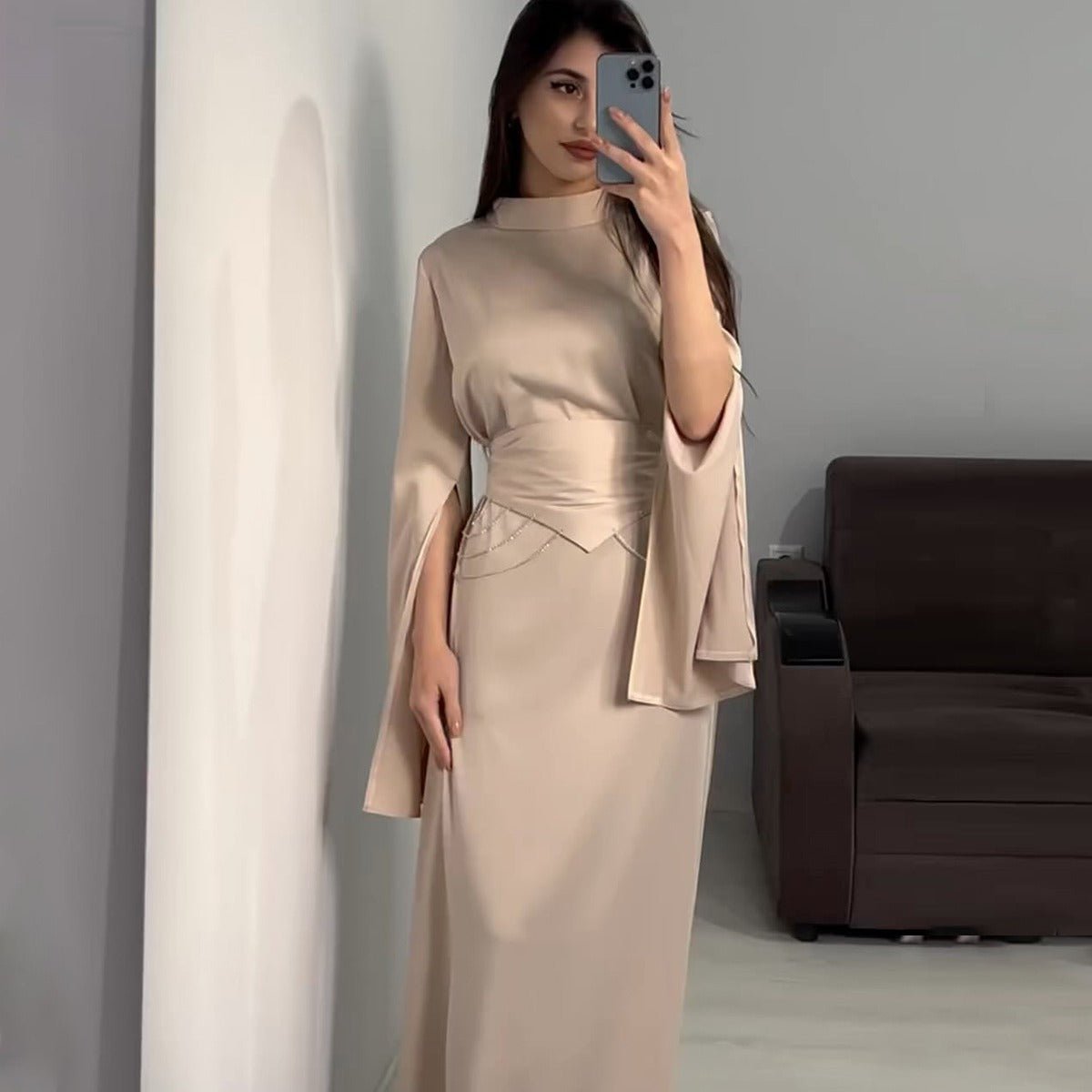 Elegant Semi - Turtleneck Long Sleeve Spring Court - Style Satin Dress Abaya. (MA194) - Mariam's Collection