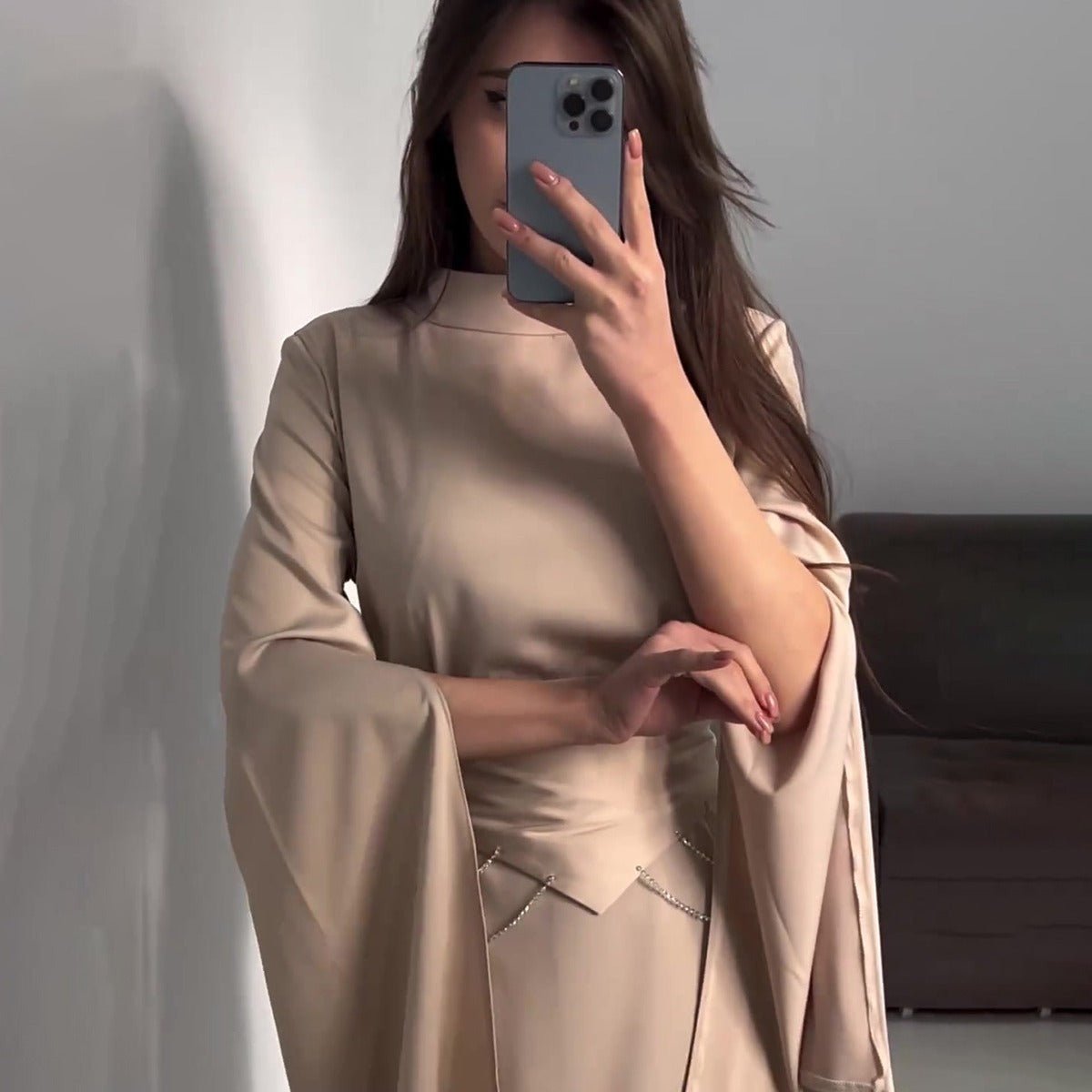 Elegant Semi - Turtleneck Long Sleeve Spring Court - Style Satin Dress Abaya. (MA194) - Mariam's Collection