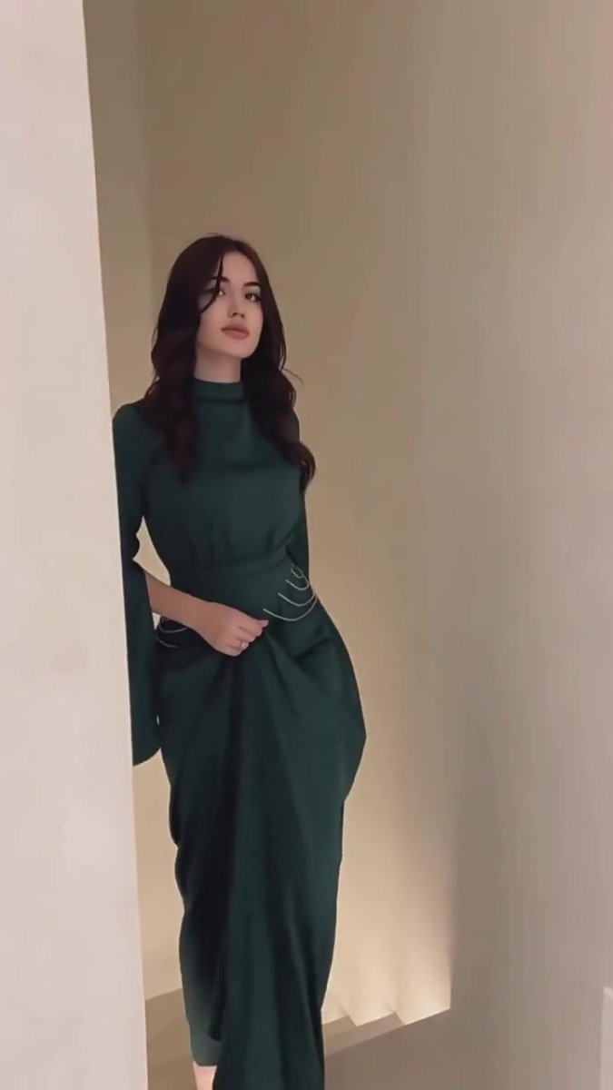 Elegant Semi - Turtleneck Long Sleeve Spring Court - Style Satin Dress Abaya. (MA194) - Mariam's Collection