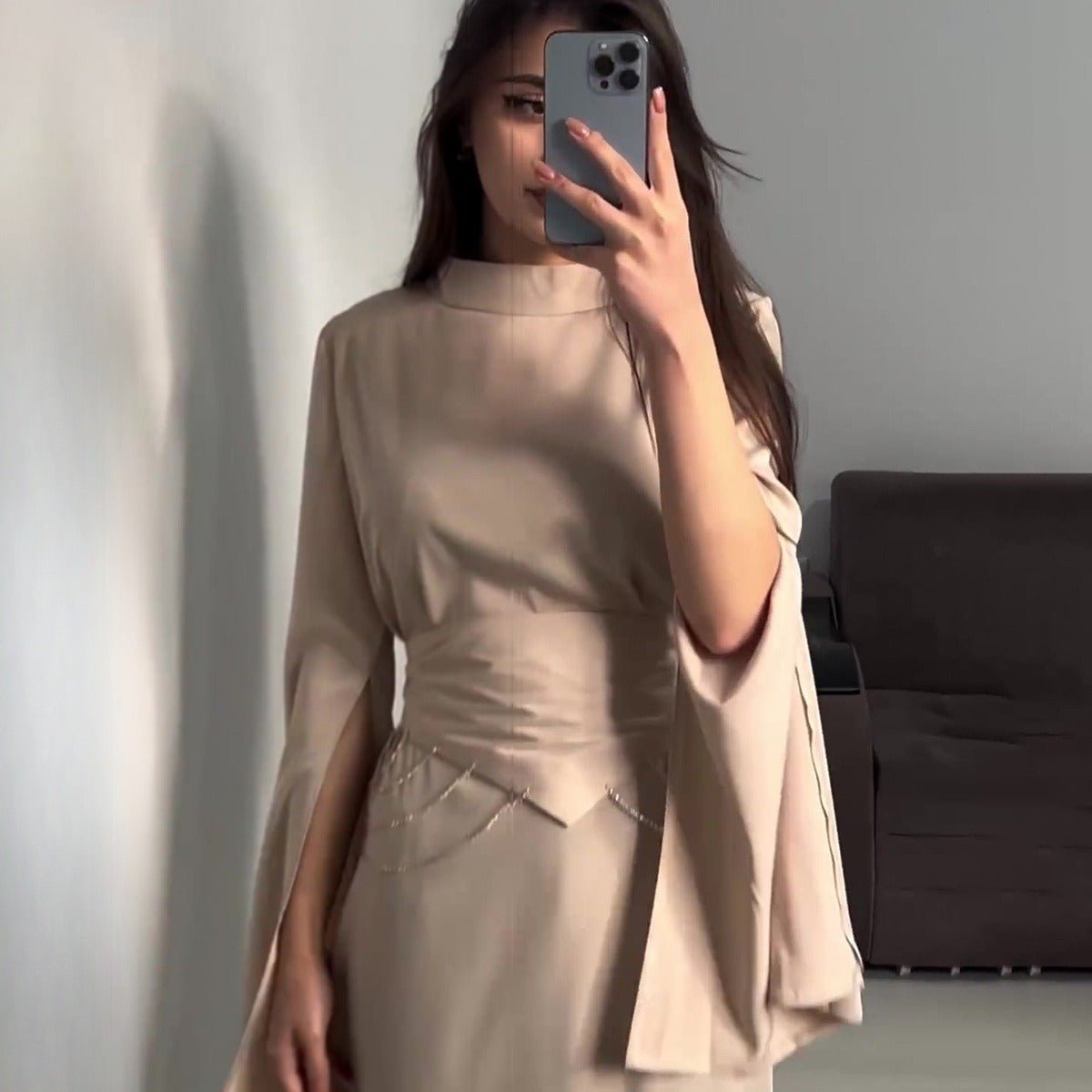 Elegant Semi - Turtleneck Long Sleeve Spring Court - Style Satin Dress Abaya. (MA194) - Mariam's Collection