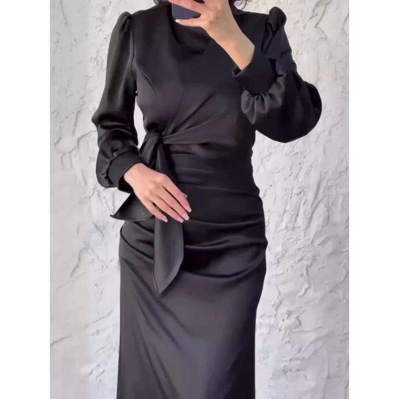 Elegant Solid Color Satin Crew Neck Pleated Waist Slim Fit Midi Dress Abaya with Puff Sleeves .MA182) - Mariam's Collection