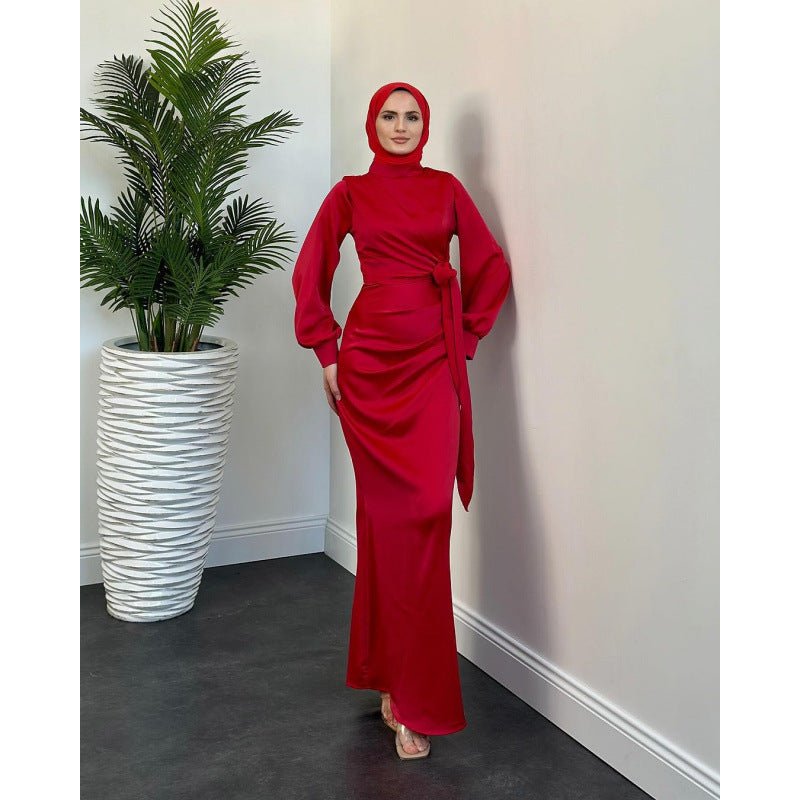 Elegant Solid Color Satin Crew Neck Pleated Waist Slim Fit Midi Dress Abaya with Puff Sleeves .MA182) - Mariam's Collection