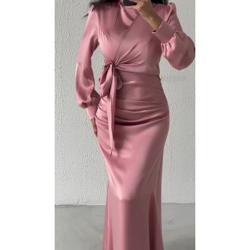 Elegant Solid Color Satin Crew Neck Pleated Waist Slim Fit Midi Dress Abaya with Puff Sleeves .MA182) - Mariam's Collection