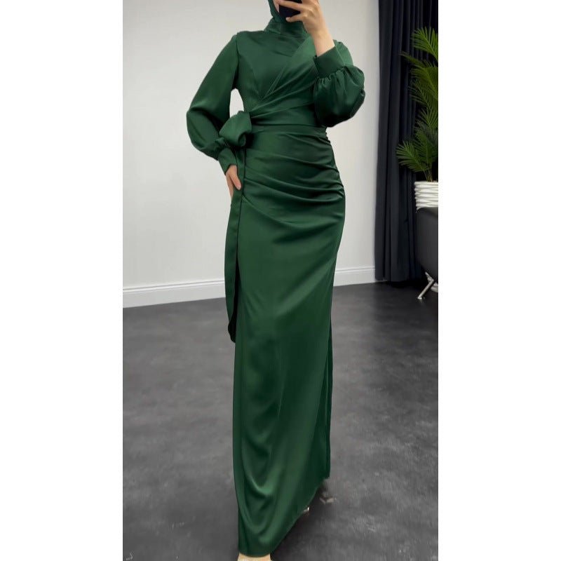 Elegant Solid Color Satin Crew Neck Pleated Waist Slim Fit Midi Dress Abaya with Puff Sleeves .MA182) - Mariam's Collection
