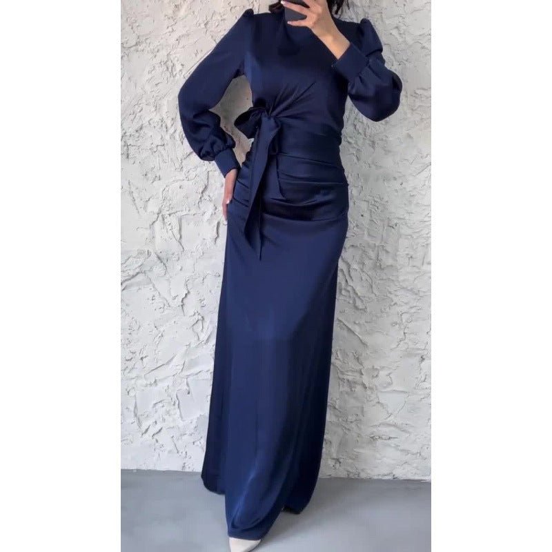 Elegant Solid Color Satin Crew Neck Pleated Waist Slim Fit Midi Dress Abaya with Puff Sleeves .MA182) - Mariam's Collection
