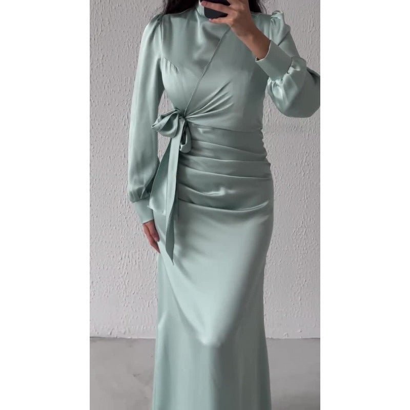 Elegant Solid Color Satin Crew Neck Pleated Waist Slim Fit Midi Dress Abaya with Puff Sleeves .MA182) - Mariam's Collection