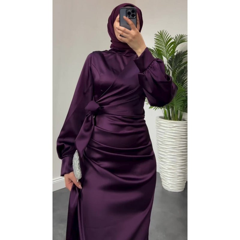 Elegant Solid Color Satin Crew Neck Pleated Waist Slim Fit Midi Dress Abaya with Puff Sleeves .MA182) - Mariam's Collection