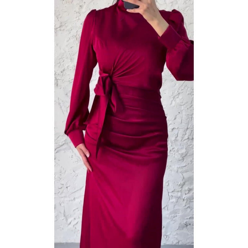 Elegant Solid Color Satin Crew Neck Pleated Waist Slim Fit Midi Dress Abaya with Puff Sleeves .MA182) - Mariam's Collection