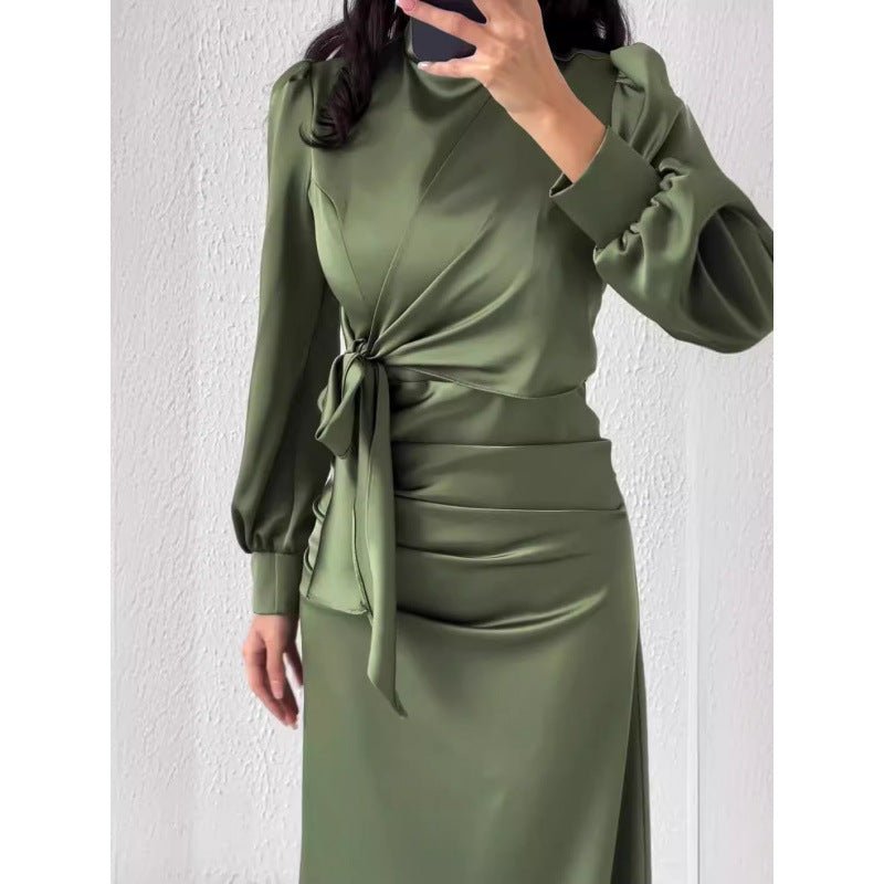 Elegant Solid Color Satin Crew Neck Pleated Waist Slim Fit Midi Dress Abaya with Puff Sleeves .MA182) - Mariam's Collection