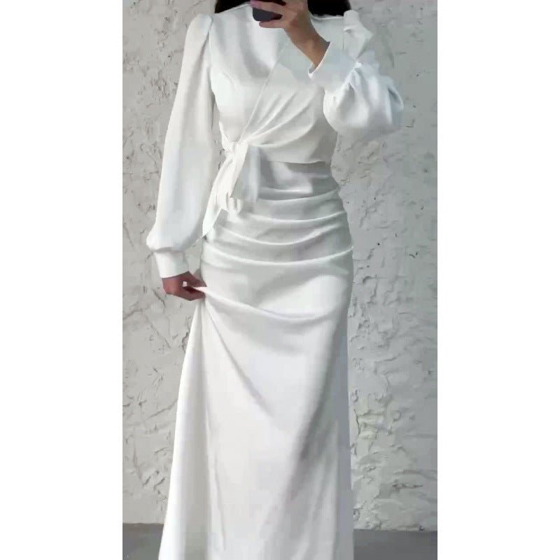 Elegant Solid Color Satin Crew Neck Pleated Waist Slim Fit Midi Dress Abaya with Puff Sleeves .MA182) - Mariam's Collection