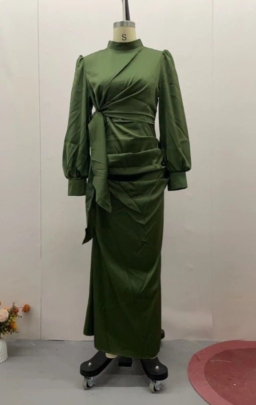 Elegant Solid Color Satin Crew Neck Pleated Waist Slim Fit Midi Dress Abaya with Puff Sleeves .MA182) - Mariam's Collection
