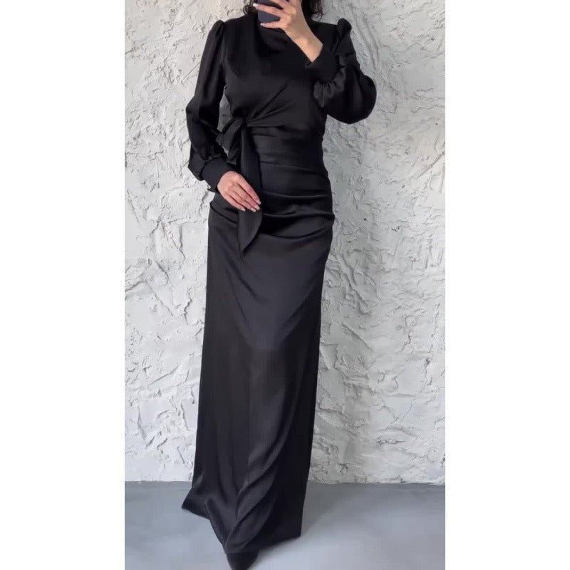 Elegant Solid Color Satin Crew Neck Pleated Waist Slim Fit Midi Dress Abaya with Puff Sleeves .MA182) - Mariam's Collection