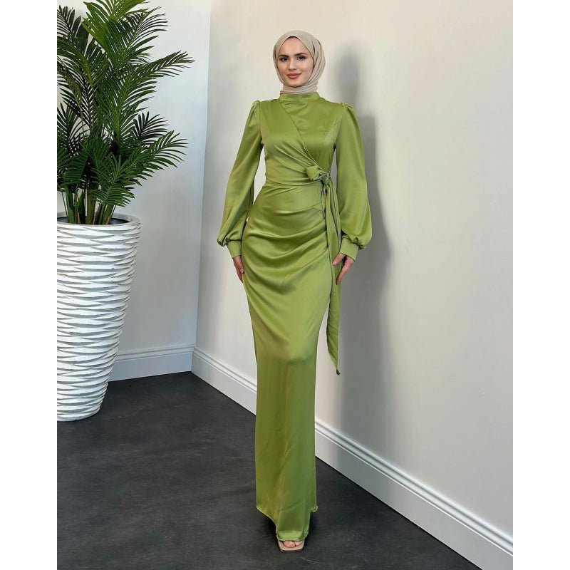 Elegant Solid Color Satin Crew Neck Pleated Waist Slim Fit Midi Dress Abaya with Puff Sleeves .MA182) - Mariam's Collection