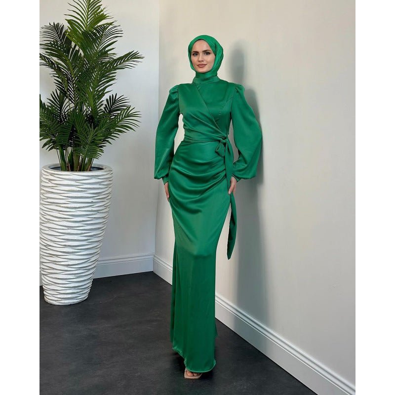 Elegant Solid Color Satin Crew Neck Pleated Waist Slim Fit Midi Dress Abaya with Puff Sleeves .MA182) - Mariam's Collection