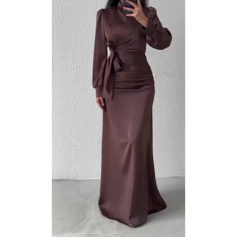 Elegant Solid Color Satin Crew Neck Pleated Waist Slim Fit Midi Dress Abaya with Puff Sleeves .MA182) - Mariam's Collection