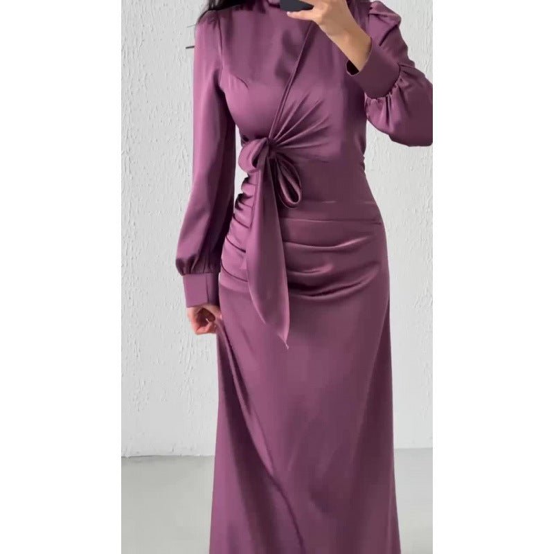 Elegant Solid Color Satin Crew Neck Pleated Waist Slim Fit Midi Dress Abaya with Puff Sleeves .MA182) - Mariam's Collection