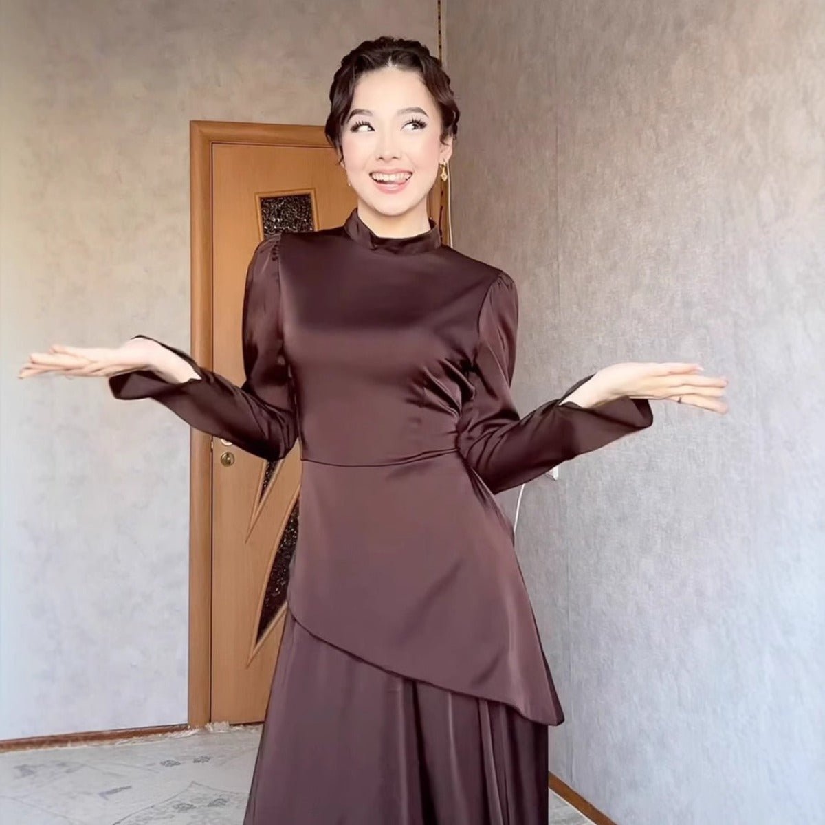 Elegant Solid Color Waist - Defining Exotic Long - Sleeve Midi/Maxi Dress Abaya with Asymmetric Hem. (MA216) - Mariam's Collection