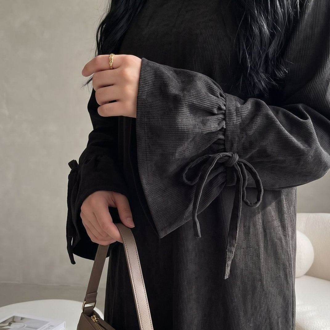 Back view of elegant modest long abaya with full-length silhouette