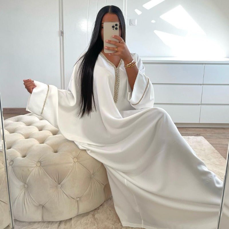 Elegant V-Neck Abaya Robe With Diamond Accent | Bat Sleeve Long Dress