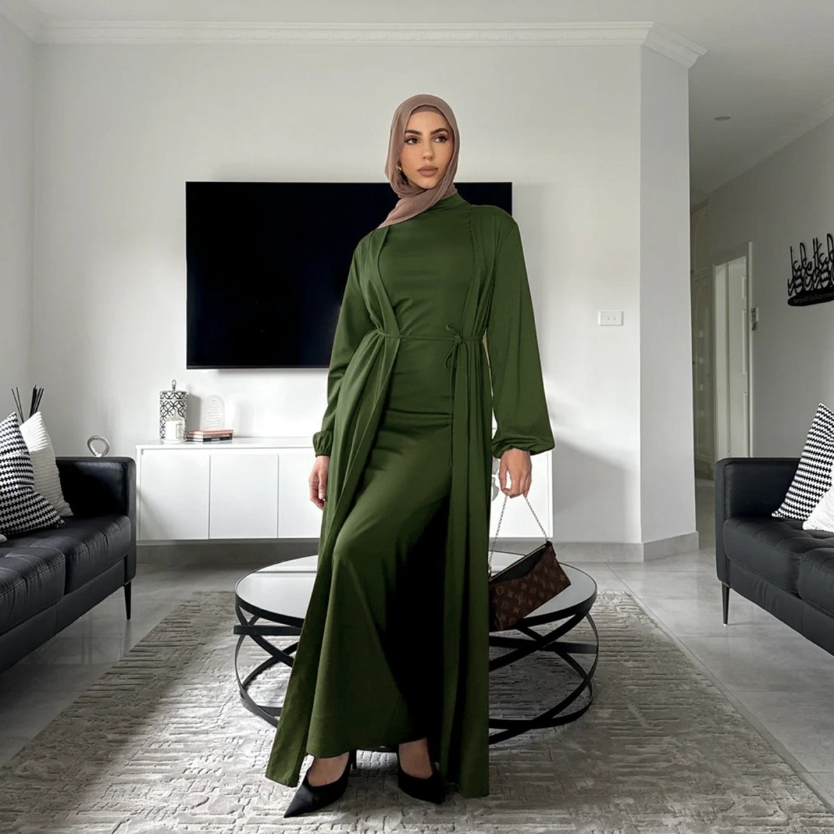 Elegant Versatile Open Abaya with Pockets 3 - Piece Set (MOA109) - Mariam's Collection