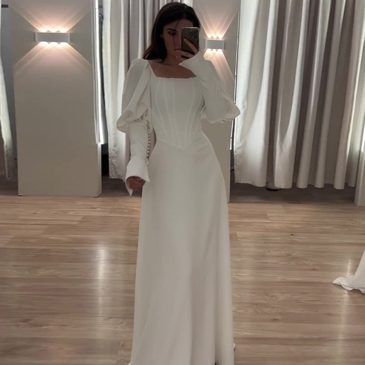 Elegant White Square Neck Long Sleeve Bubble Sleeve Modest Dress Abaya . (MA228) - Mariam's Collection