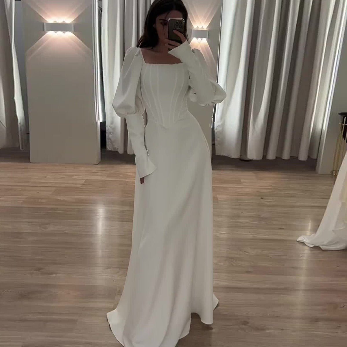 Elegant White Square Neck Long Sleeve Bubble Sleeve Modest Dress Abaya . (MA228) - Mariam's Collection