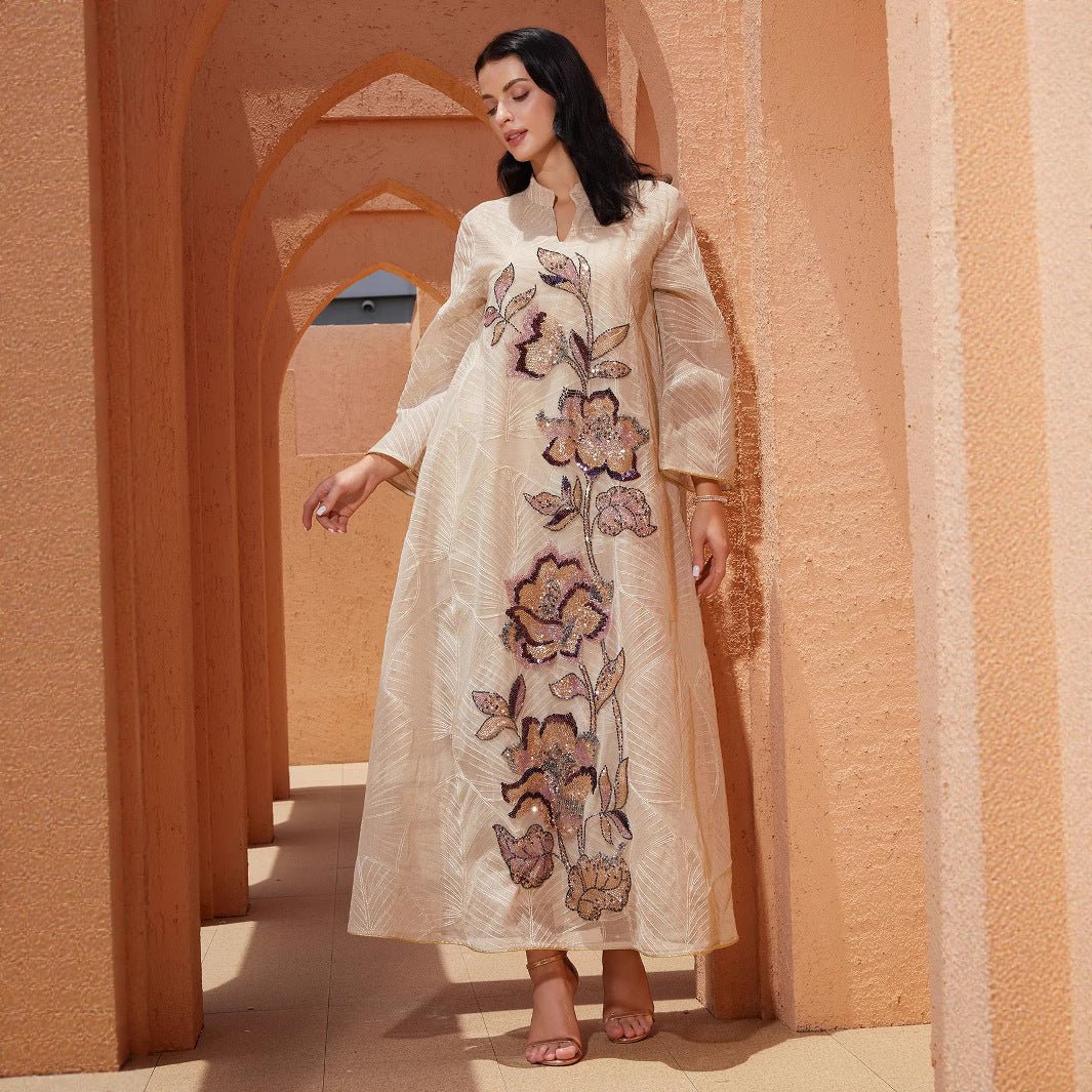 Embroidered Organza Abaya with Sequin Appliqués | Collared Floral Gown(MA373) - Mariam's Collection