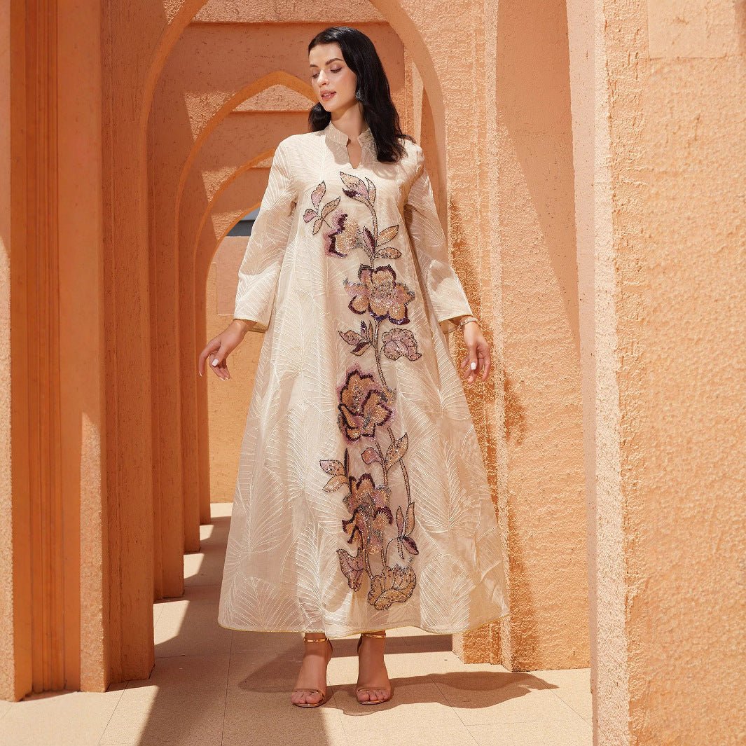 Embroidered Organza Abaya with Sequin Appliqués | Collared Floral Gown(MA373) - Mariam's Collection