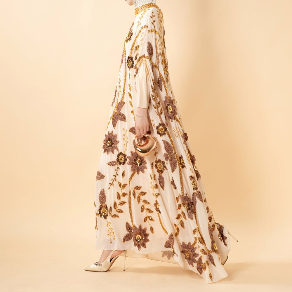 Embroidered Pearl Floral Abaya with Draped Batwing Sleeves(MA453) - Mariam's Collection