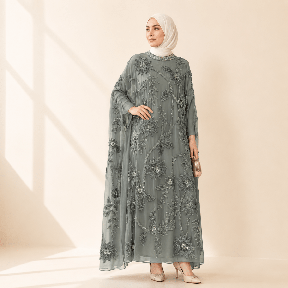 Embroidered Pearl Floral Abaya with Draped Batwing Sleeves(MA453) - Mariam's Collection