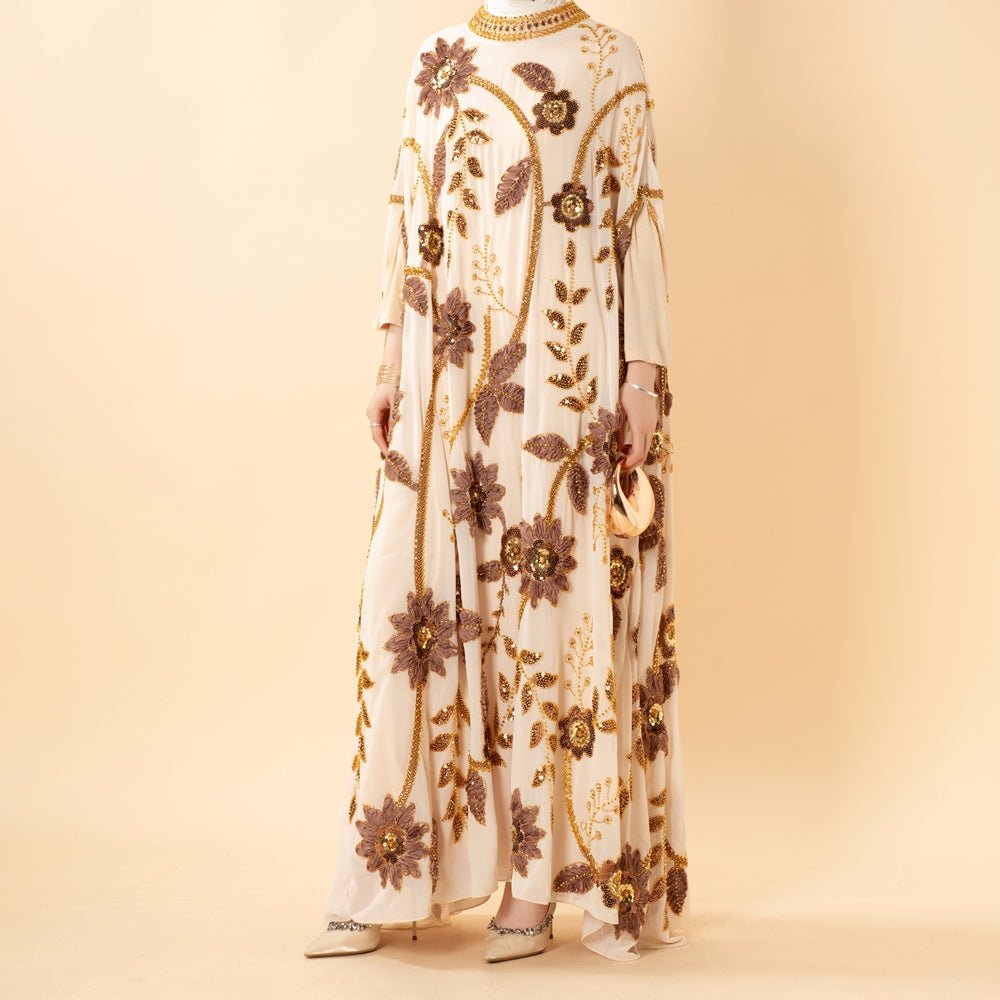 Embroidered Pearl Floral Abaya with Draped Batwing Sleeves(MA453) - Mariam's Collection