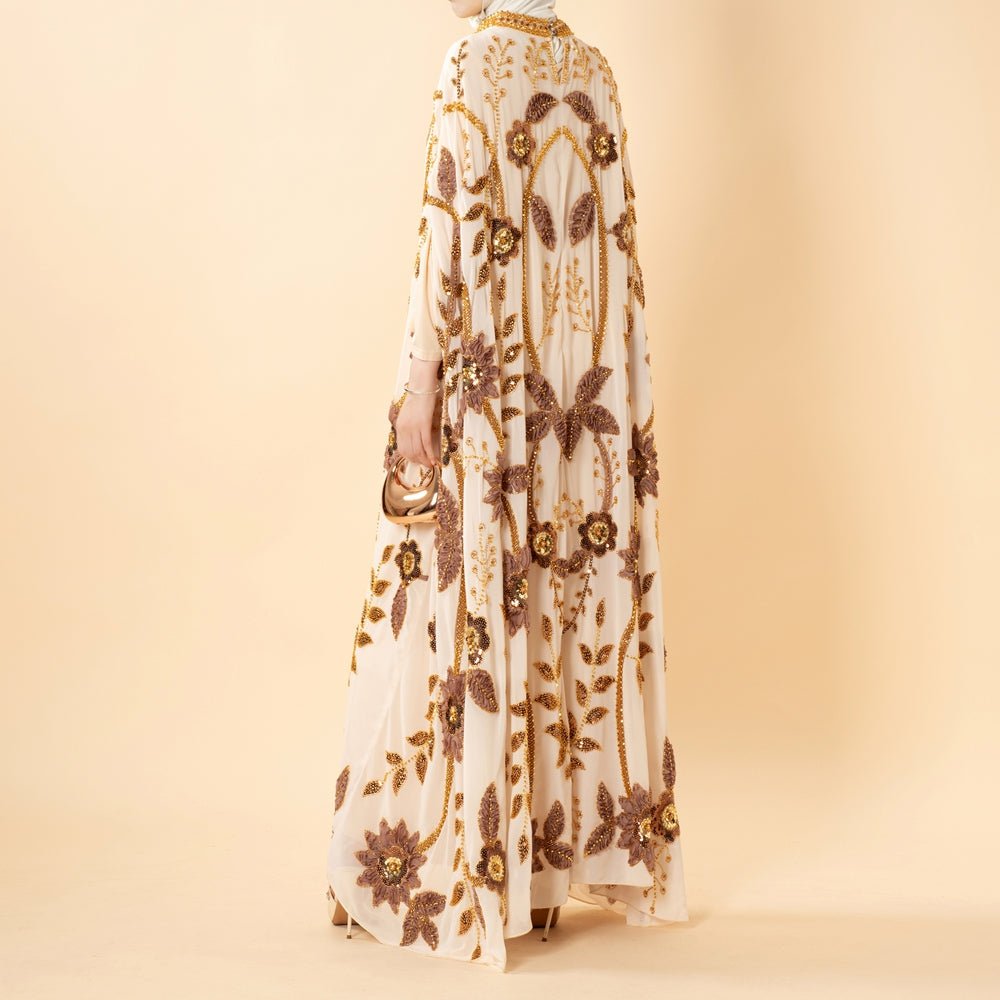 Embroidered Pearl Floral Abaya with Draped Batwing Sleeves(MA453) - Mariam's Collection