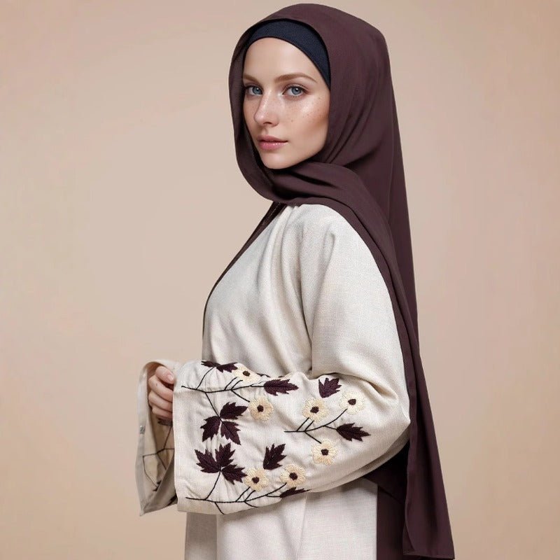Embroidered Sleeve Abaya | Maple Leaf & Daisy Open - Front Cardigan(MOA261) - Mariam's Collection