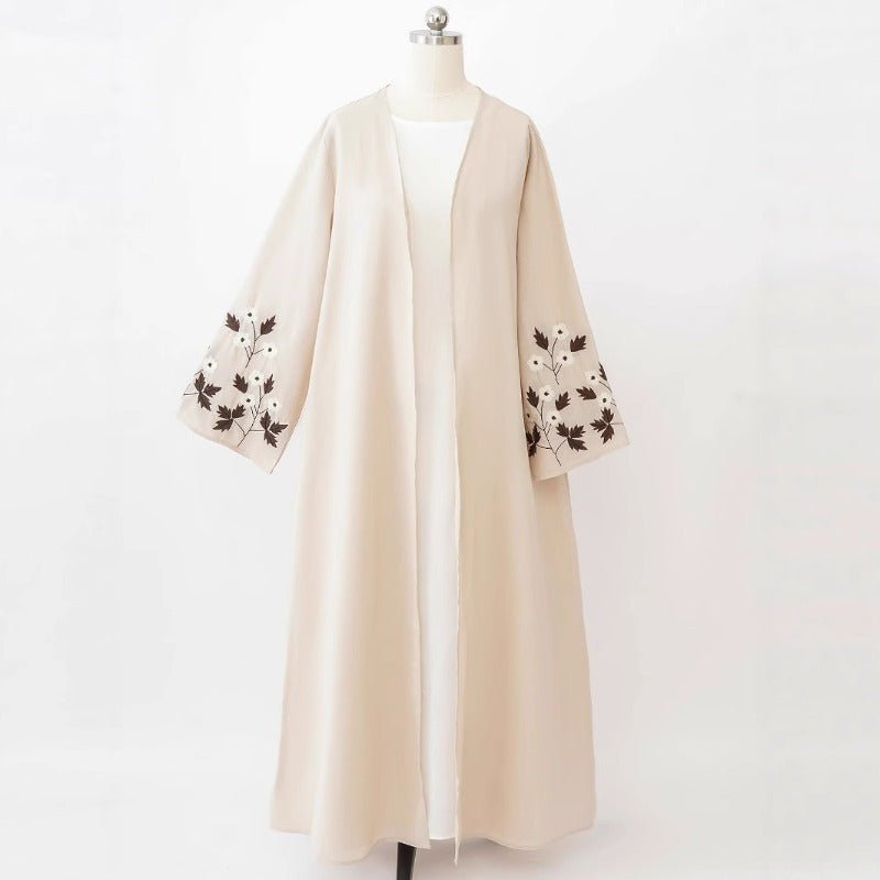 Embroidered Sleeve Abaya | Maple Leaf & Daisy Open - Front Cardigan(MOA261) - Mariam's Collection
