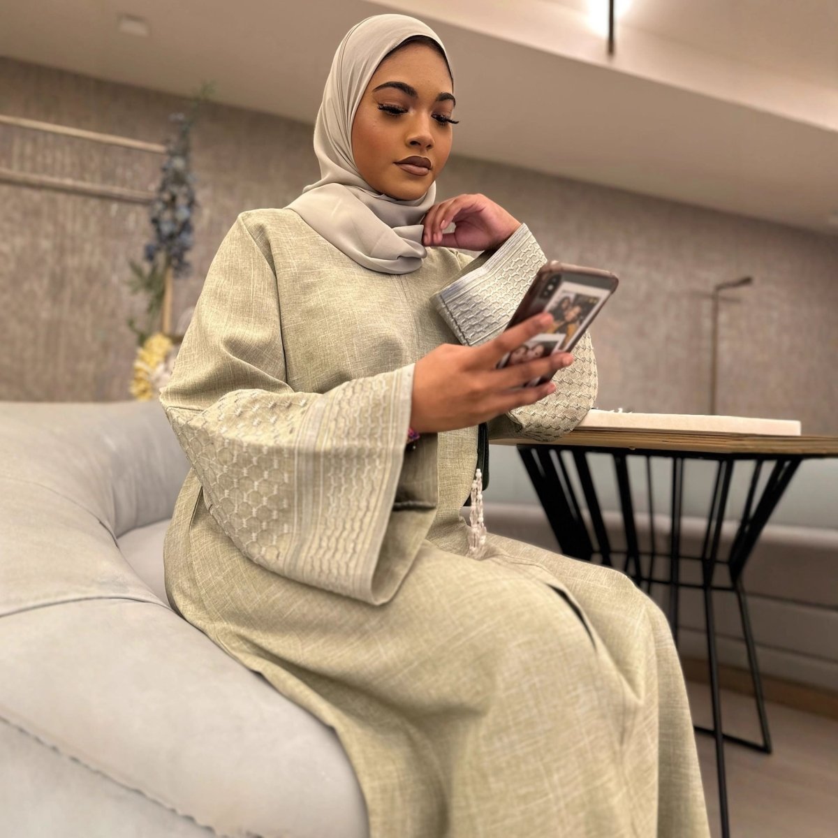 Embroidered Sleeve Abaya | Textured Open - Front Cardigan with Bell Sleeves(MOA263) - Mariam's Collection