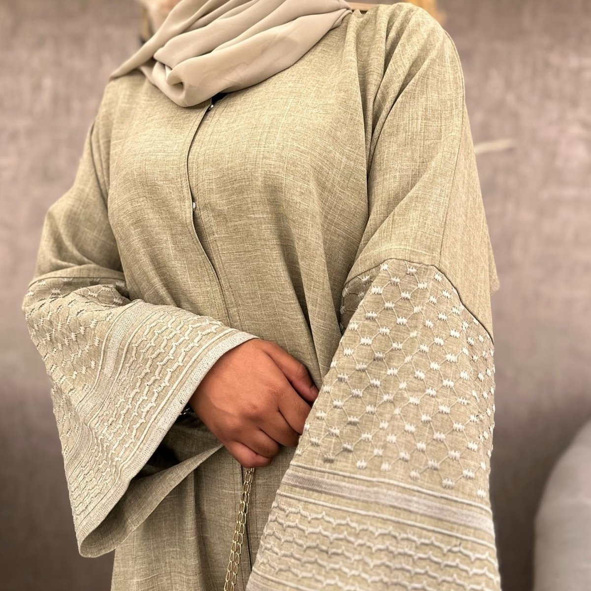 Embroidered Sleeve Abaya | Textured Open - Front Cardigan with Bell Sleeves(MOA263) - Mariam's Collection