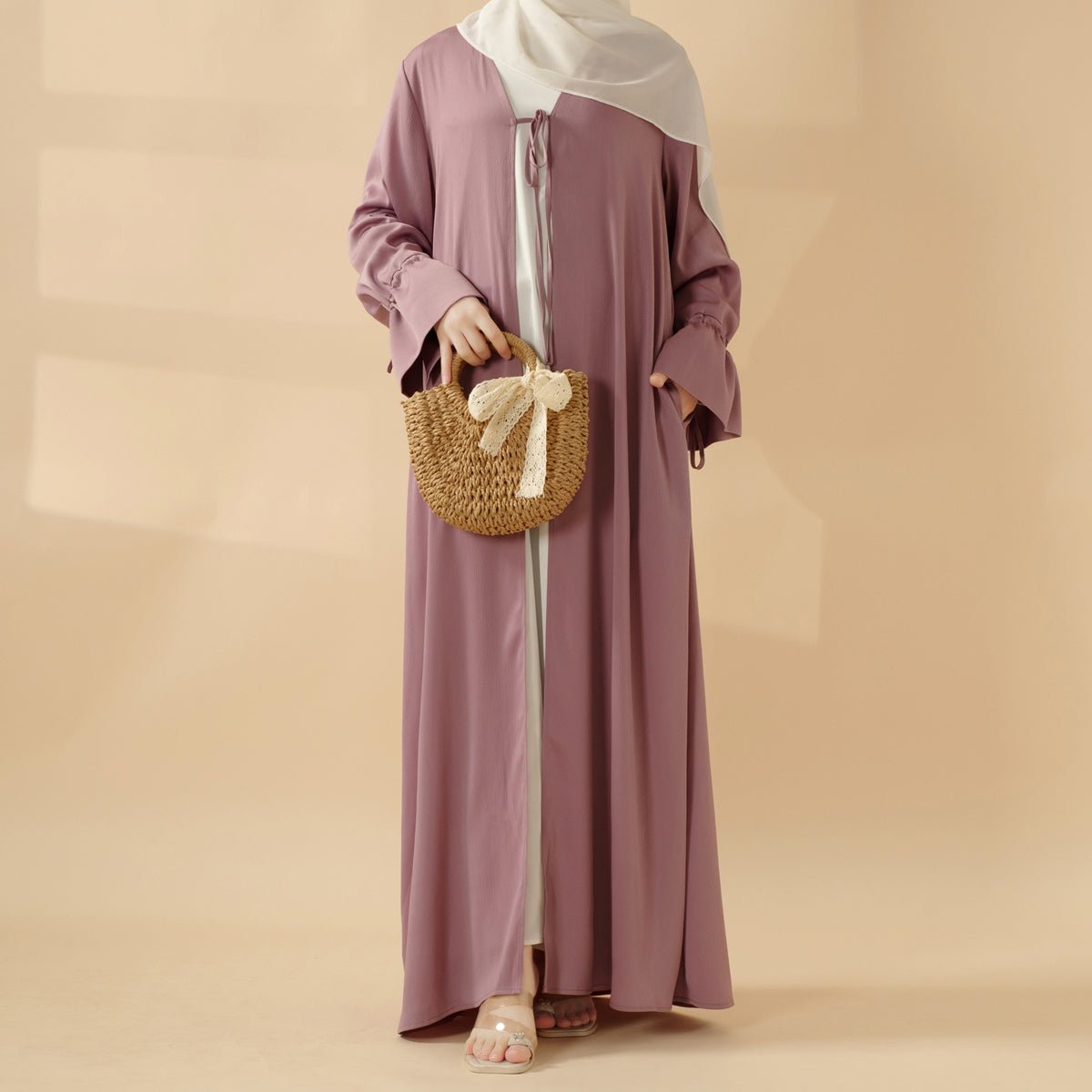 Essential Front Bowknot Ribbon Tie Ruffle Sleeves Crepe Satin Open Abaya (MOA117) - Mariam's Collection
