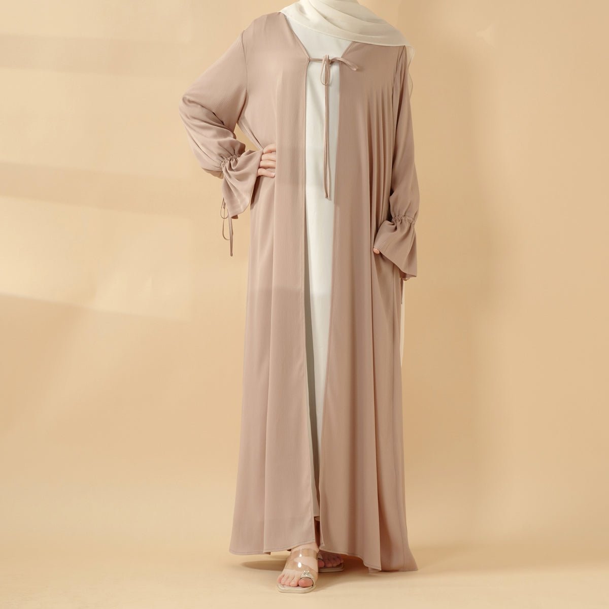 Front Bowknot Ribbon Tie Abaya With Ruffle Sleeves