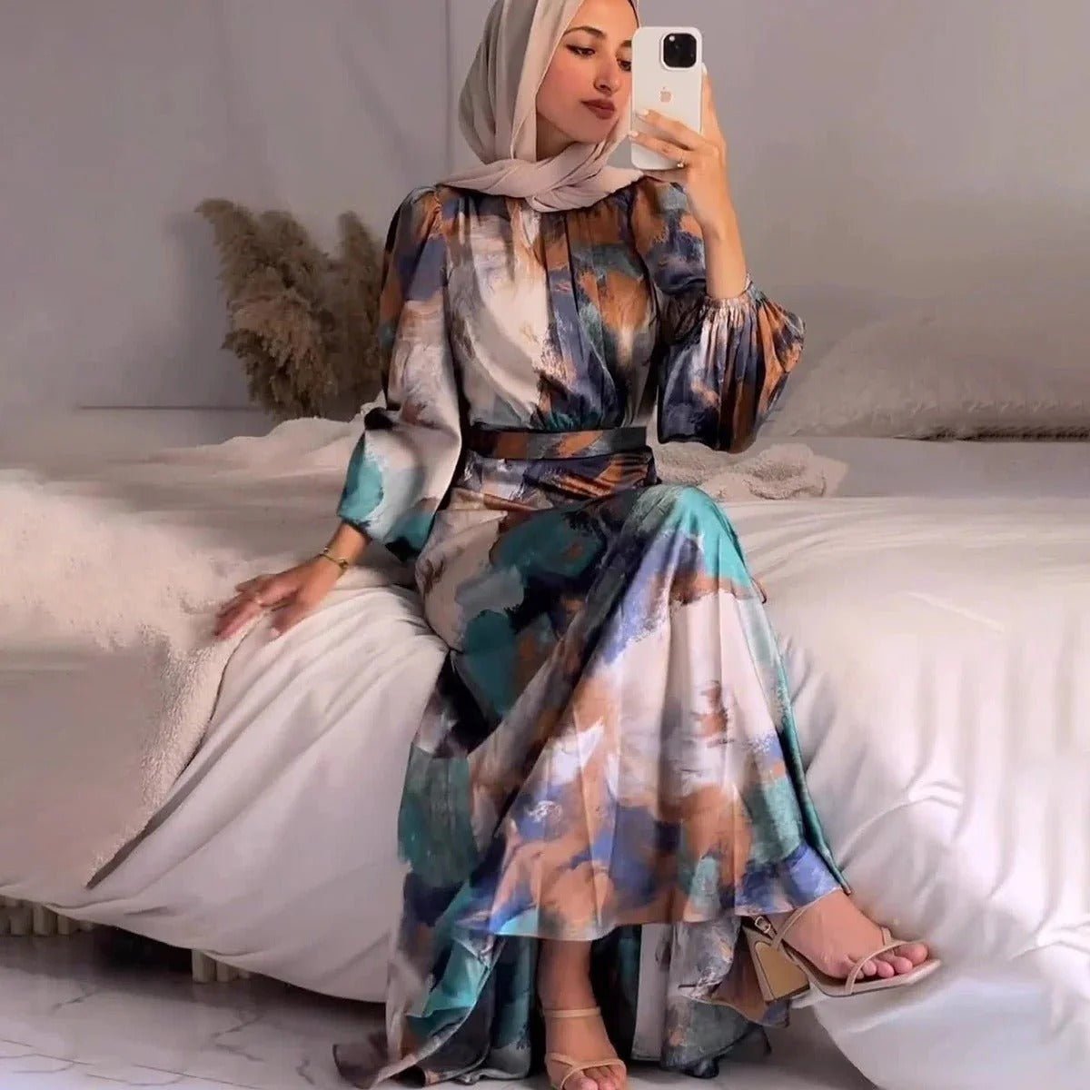 Exotic Print Pleated Bell Sleeve Abaya. (MA166) - Mariam's Collection