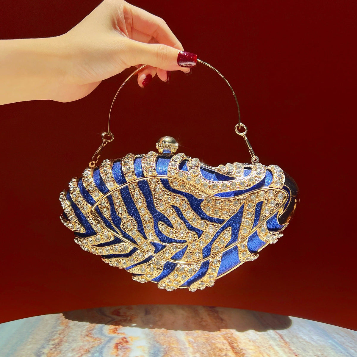 Interior view of the luxury rhinestone purse showing soft polyester lining and spacious compartment