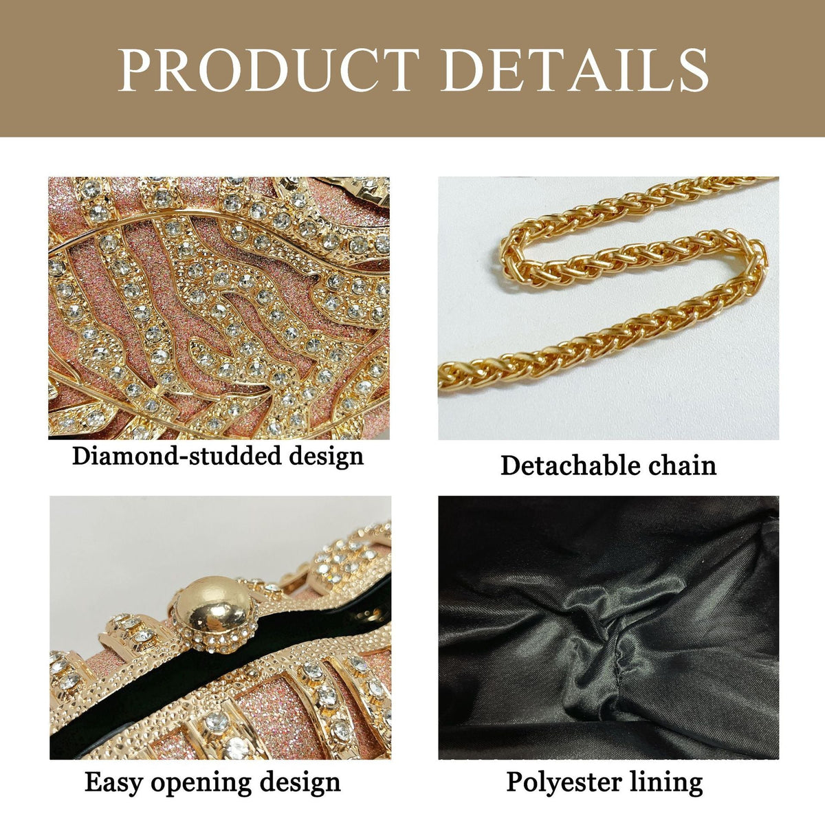 Full view of the rhinestone evening clutch bag styled as a crossbody with chain strap
