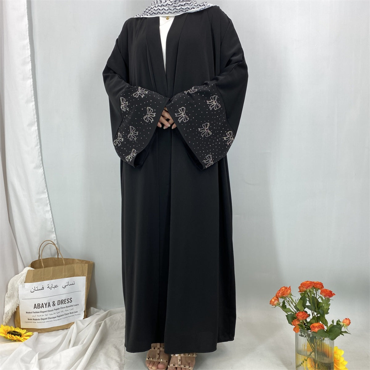 Modest Luxury Exquisite Transfer Diamond Printer Butterfly Sleeve Abaya(MOA206)