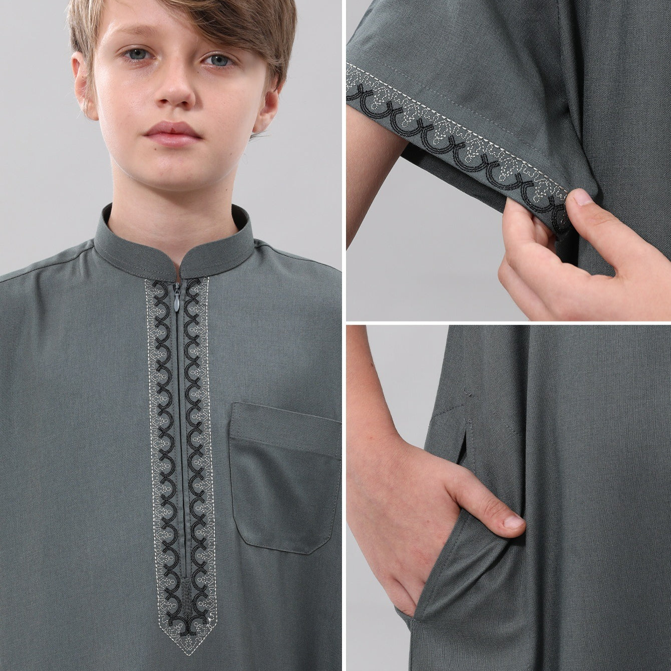 Boys Embroidered Thobe with Pockets(MKB013)