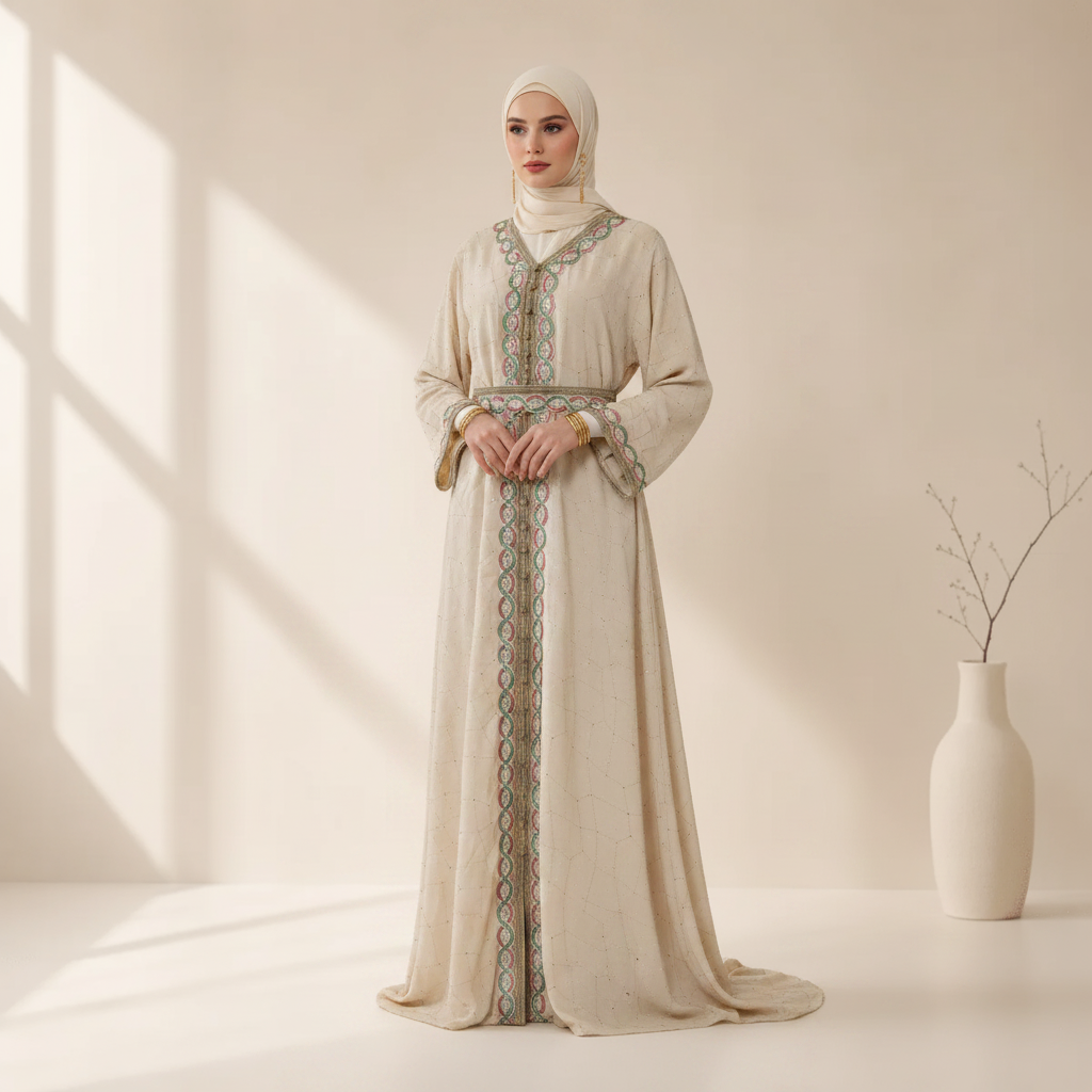 Archive Piece Moroccan Embroidered Trim Kaftan with Waist Belt - MP058 (Size Free Size Only)
