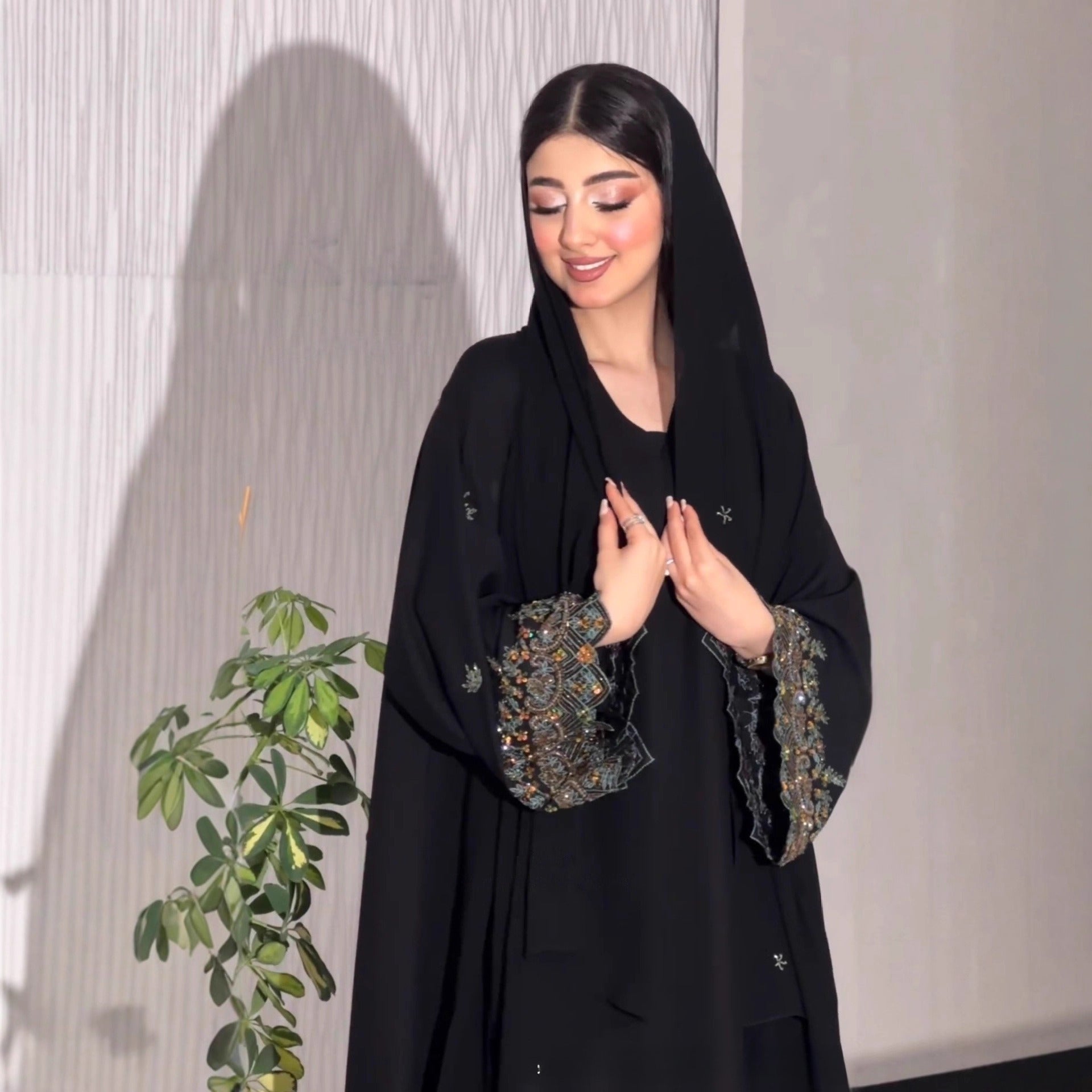 Black Abaya with Beaded Embroidered Cuffs & Hijab Set(MOA278)