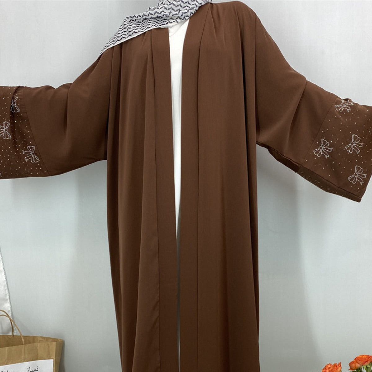 Modest Luxury Exquisite Transfer Diamond Printer Butterfly Sleeve Abaya(MOA206)